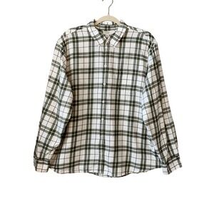 J Crew Plaid lightweight Flannel Button Up Shirt Long Sleeve Army Green White XL